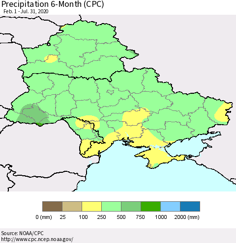 Ukraine, Moldova and Belarus Precipitation 6-Month (CPC) Thematic Map For 2/1/2020 - 7/31/2020