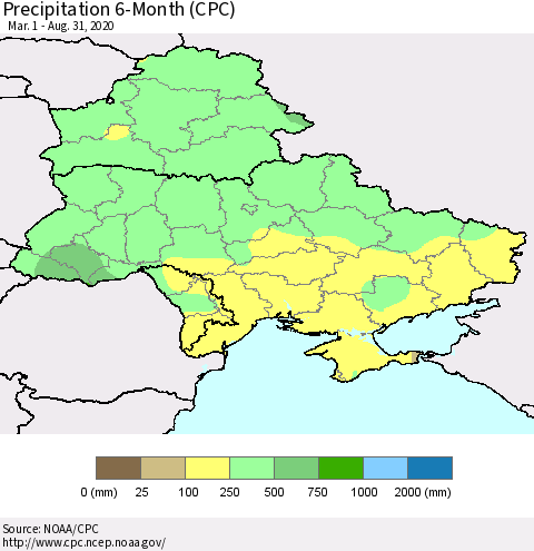 Ukraine, Moldova and Belarus Precipitation 6-Month (CPC) Thematic Map For 3/1/2020 - 8/31/2020