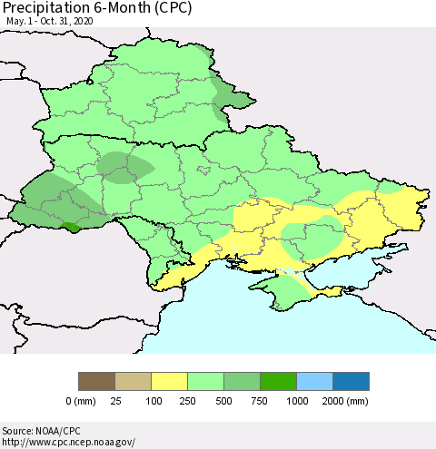 Ukraine, Moldova and Belarus Precipitation 6-Month (CPC) Thematic Map For 5/1/2020 - 10/31/2020
