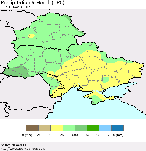 Ukraine, Moldova and Belarus Precipitation 6-Month (CPC) Thematic Map For 6/1/2020 - 11/30/2020
