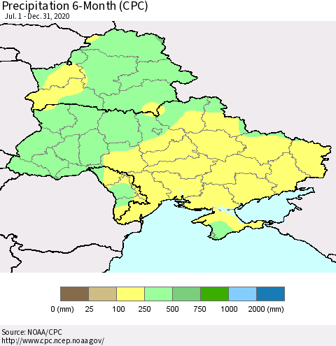 Ukraine, Moldova and Belarus Precipitation 6-Month (CPC) Thematic Map For 7/1/2020 - 12/31/2020