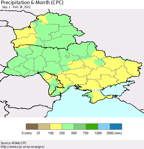 Ukraine, Moldova and Belarus Precipitation 6-Month (CPC) Thematic Map For 9/1/2020 - 2/28/2021