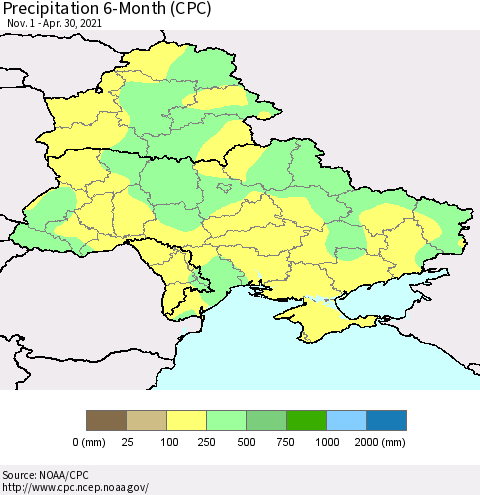Ukraine, Moldova and Belarus Precipitation 6-Month (CPC) Thematic Map For 11/1/2020 - 4/30/2021