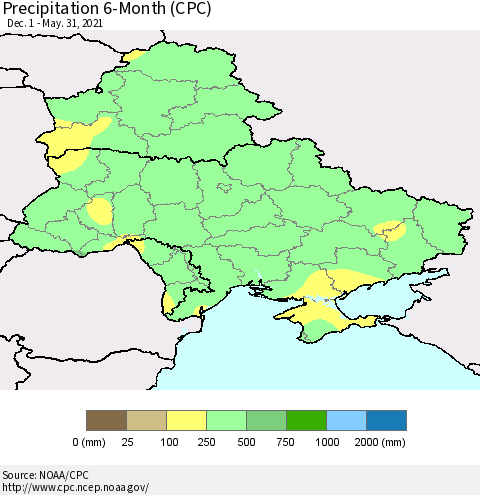 Ukraine, Moldova and Belarus Precipitation 6-Month (CPC) Thematic Map For 12/1/2020 - 5/31/2021