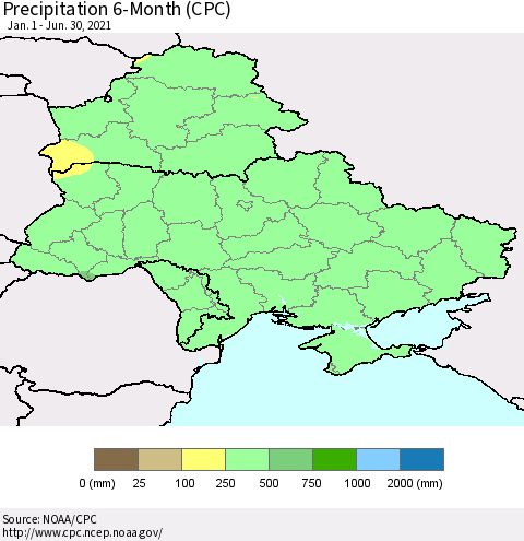 Ukraine, Moldova and Belarus Precipitation 6-Month (CPC) Thematic Map For 1/1/2021 - 6/30/2021