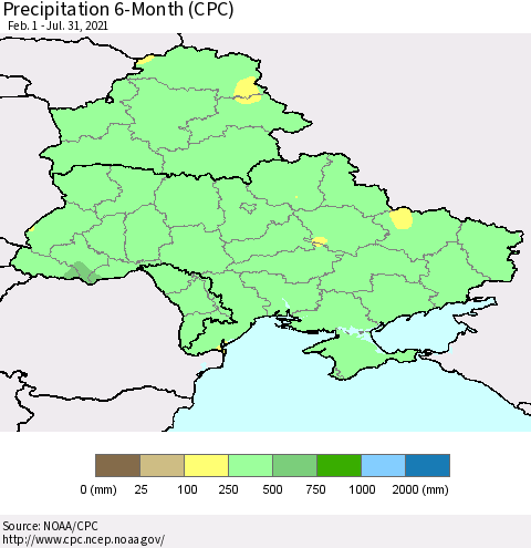 Ukraine, Moldova and Belarus Precipitation 6-Month (CPC) Thematic Map For 2/1/2021 - 7/31/2021