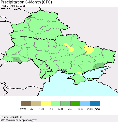 Ukraine, Moldova and Belarus Precipitation 6-Month (CPC) Thematic Map For 3/1/2021 - 8/31/2021