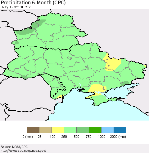 Ukraine, Moldova and Belarus Precipitation 6-Month (CPC) Thematic Map For 5/1/2021 - 10/31/2021