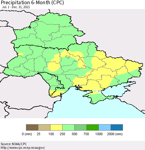 Ukraine, Moldova and Belarus Precipitation 6-Month (CPC) Thematic Map For 7/1/2021 - 12/31/2021