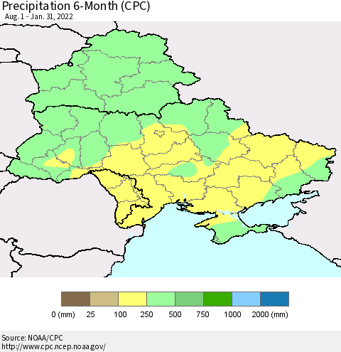 Ukraine, Moldova and Belarus Precipitation 6-Month (CPC) Thematic Map For 8/1/2021 - 1/31/2022