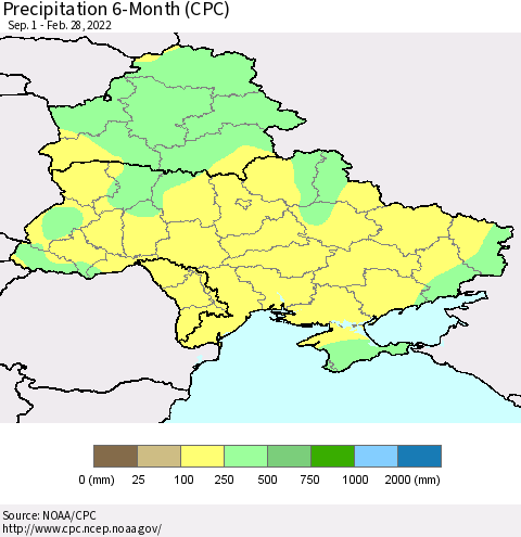 Ukraine, Moldova and Belarus Precipitation 6-Month (CPC) Thematic Map For 9/1/2021 - 2/28/2022