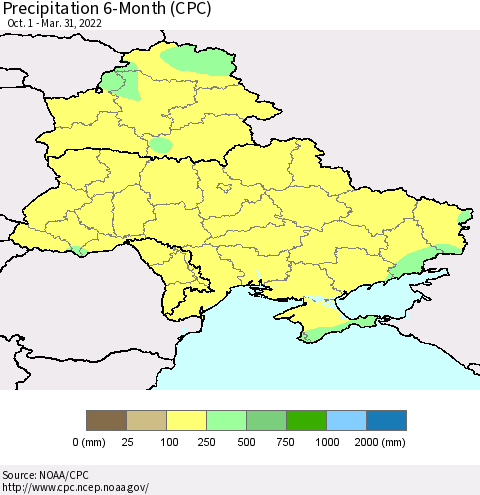 Ukraine, Moldova and Belarus Precipitation 6-Month (CPC) Thematic Map For 10/1/2021 - 3/31/2022