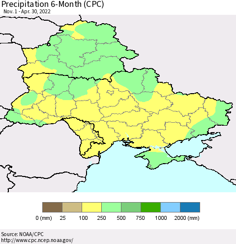 Ukraine, Moldova and Belarus Precipitation 6-Month (CPC) Thematic Map For 11/1/2021 - 4/30/2022