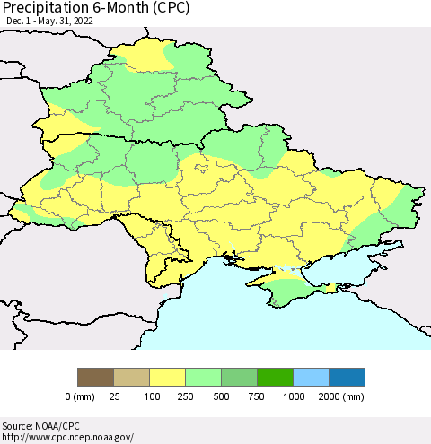 Ukraine, Moldova and Belarus Precipitation 6-Month (CPC) Thematic Map For 12/1/2021 - 5/31/2022