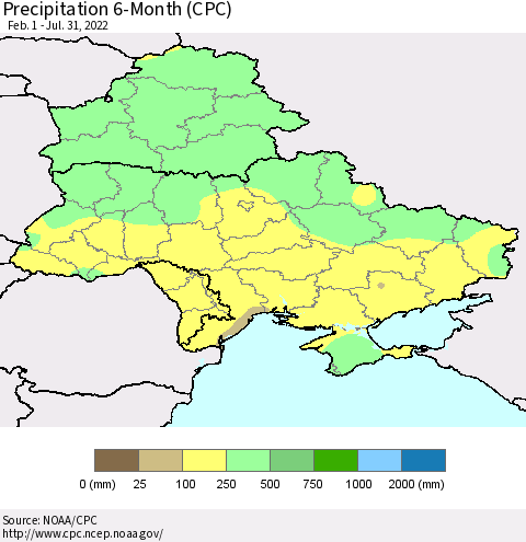 Ukraine, Moldova and Belarus Precipitation 6-Month (CPC) Thematic Map For 2/1/2022 - 7/31/2022