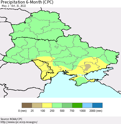 Ukraine, Moldova and Belarus Precipitation 6-Month (CPC) Thematic Map For 5/1/2022 - 10/31/2022