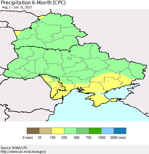 Ukraine, Moldova and Belarus Precipitation 6-Month (CPC) Thematic Map For 8/1/2022 - 1/31/2023