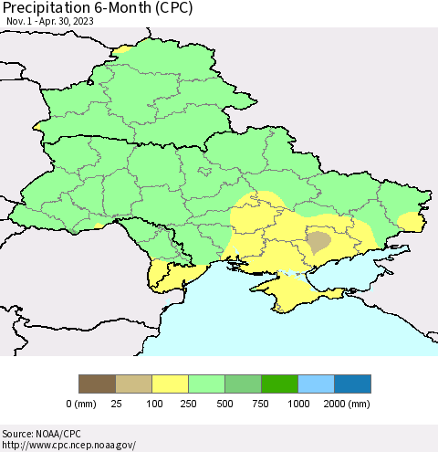 Ukraine, Moldova and Belarus Precipitation 6-Month (CPC) Thematic Map For 11/1/2022 - 4/30/2023