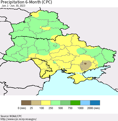 Ukraine, Moldova and Belarus Precipitation 6-Month (CPC) Thematic Map For 1/1/2023 - 6/30/2023