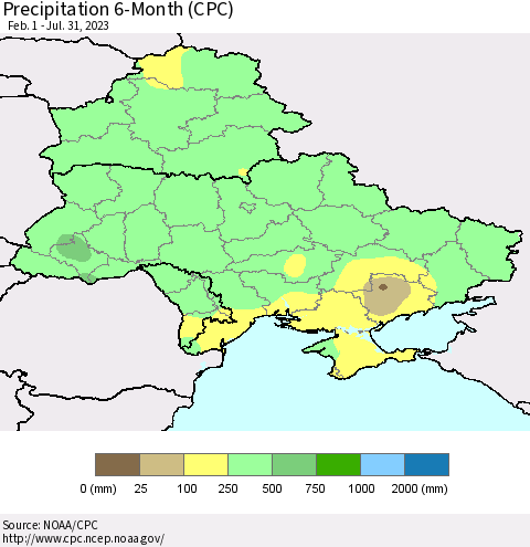 Ukraine, Moldova and Belarus Precipitation 6-Month (CPC) Thematic Map For 2/1/2023 - 7/31/2023