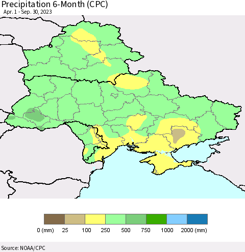 Ukraine, Moldova and Belarus Precipitation 6-Month (CPC) Thematic Map For 4/1/2023 - 9/30/2023