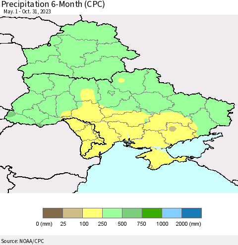 Ukraine, Moldova and Belarus Precipitation 6-Month (CPC) Thematic Map For 5/1/2023 - 10/31/2023