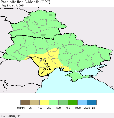 Ukraine, Moldova and Belarus Precipitation 6-Month (CPC) Thematic Map For 8/1/2023 - 1/31/2024