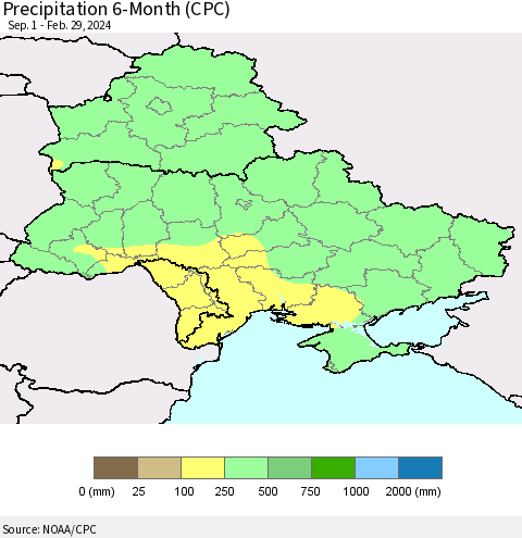 Ukraine, Moldova and Belarus Precipitation 6-Month (CPC) Thematic Map For 9/1/2023 - 2/29/2024