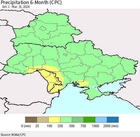 Ukraine, Moldova and Belarus Precipitation 6-Month (CPC) Thematic Map For 10/1/2023 - 3/31/2024
