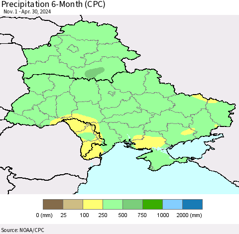 Ukraine, Moldova and Belarus Precipitation 6-Month (CPC) Thematic Map For 11/1/2023 - 4/30/2024