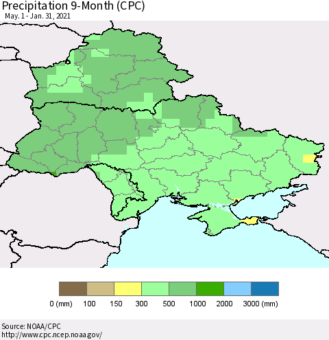 Ukraine, Moldova and Belarus Precipitation 9-Month (CPC) Thematic Map For 5/1/2020 - 1/31/2021