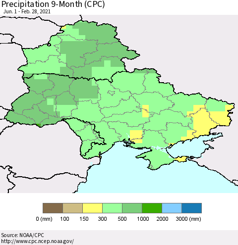 Ukraine, Moldova and Belarus Precipitation 9-Month (CPC) Thematic Map For 6/1/2020 - 2/28/2021