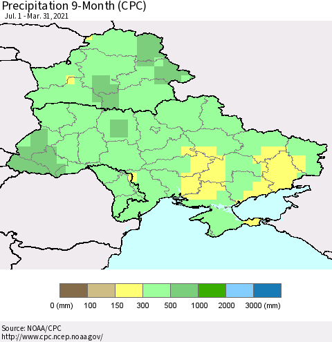 Ukraine, Moldova and Belarus Precipitation 9-Month (CPC) Thematic Map For 7/1/2020 - 3/31/2021
