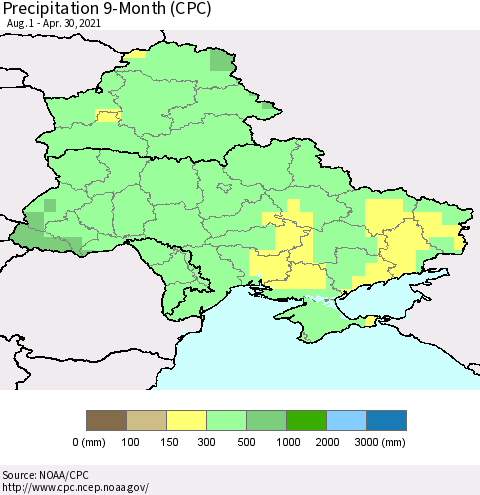 Ukraine, Moldova and Belarus Precipitation 9-Month (CPC) Thematic Map For 8/1/2020 - 4/30/2021