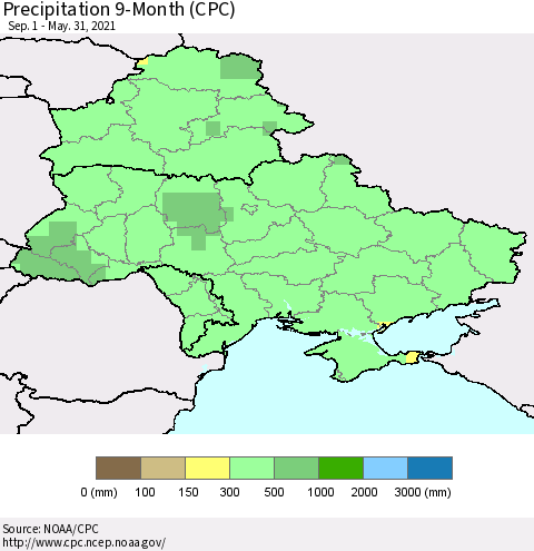 Ukraine, Moldova and Belarus Precipitation 9-Month (CPC) Thematic Map For 9/1/2020 - 5/31/2021