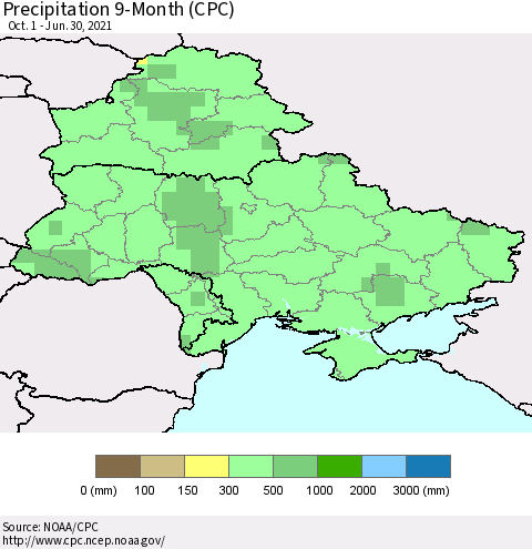 Ukraine, Moldova and Belarus Precipitation 9-Month (CPC) Thematic Map For 10/1/2020 - 6/30/2021