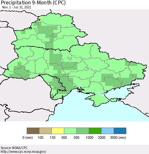 Ukraine, Moldova and Belarus Precipitation 9-Month (CPC) Thematic Map For 11/1/2020 - 7/31/2021