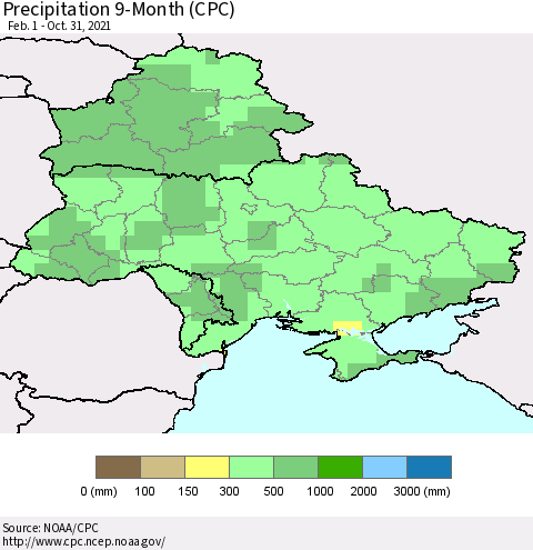 Ukraine, Moldova and Belarus Precipitation 9-Month (CPC) Thematic Map For 2/1/2021 - 10/31/2021