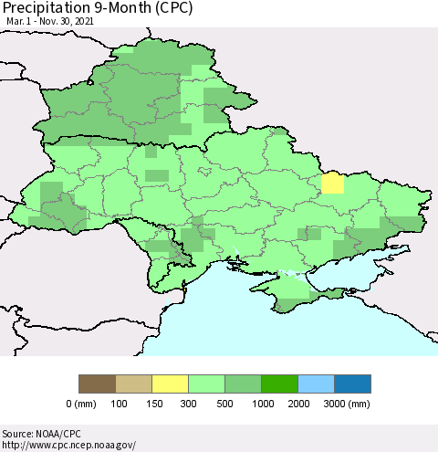 Ukraine, Moldova and Belarus Precipitation 9-Month (CPC) Thematic Map For 3/1/2021 - 11/30/2021