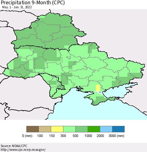 Ukraine, Moldova and Belarus Precipitation 9-Month (CPC) Thematic Map For 5/1/2021 - 1/31/2022