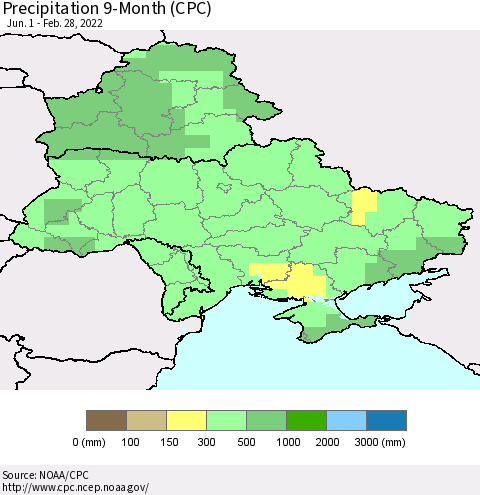 Ukraine, Moldova and Belarus Precipitation 9-Month (CPC) Thematic Map For 6/1/2021 - 2/28/2022
