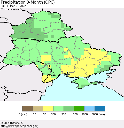 Ukraine, Moldova and Belarus Precipitation 9-Month (CPC) Thematic Map For 7/1/2021 - 3/31/2022