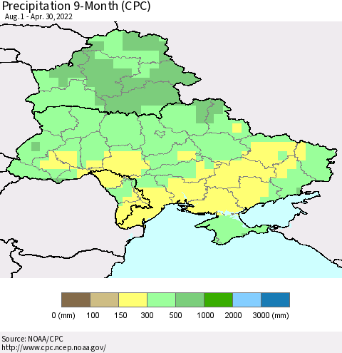 Ukraine, Moldova and Belarus Precipitation 9-Month (CPC) Thematic Map For 8/1/2021 - 4/30/2022