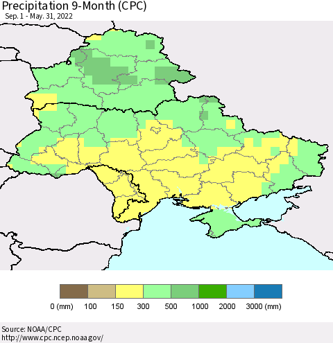Ukraine, Moldova and Belarus Precipitation 9-Month (CPC) Thematic Map For 9/1/2021 - 5/31/2022