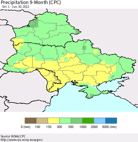 Ukraine, Moldova and Belarus Precipitation 9-Month (CPC) Thematic Map For 10/1/2021 - 6/30/2022