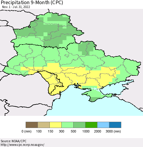 Ukraine, Moldova and Belarus Precipitation 9-Month (CPC) Thematic Map For 11/1/2021 - 7/31/2022