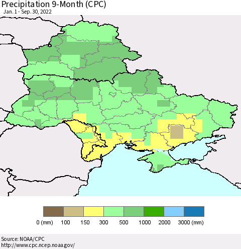 Ukraine, Moldova and Belarus Precipitation 9-Month (CPC) Thematic Map For 1/1/2022 - 9/30/2022