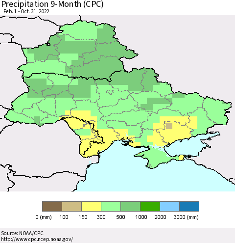 Ukraine, Moldova and Belarus Precipitation 9-Month (CPC) Thematic Map For 2/1/2022 - 10/31/2022