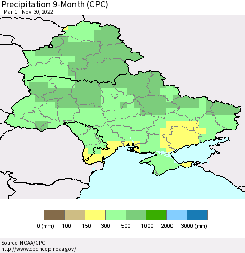 Ukraine, Moldova and Belarus Precipitation 9-Month (CPC) Thematic Map For 3/1/2022 - 11/30/2022