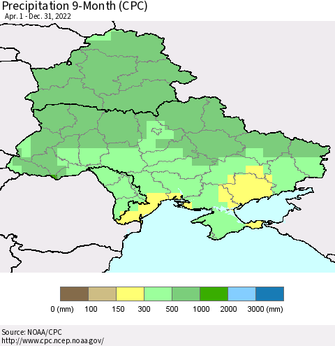 Ukraine, Moldova and Belarus Precipitation 9-Month (CPC) Thematic Map For 4/1/2022 - 12/31/2022